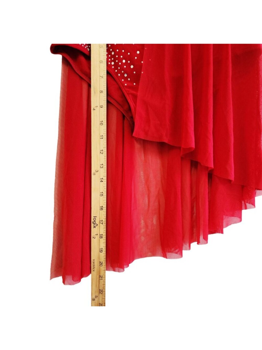 Red Asymmetrical Dance Costume Set  Rhinestones One-Shoulder Top   Skirt Size 14 - Picture 10 of 11